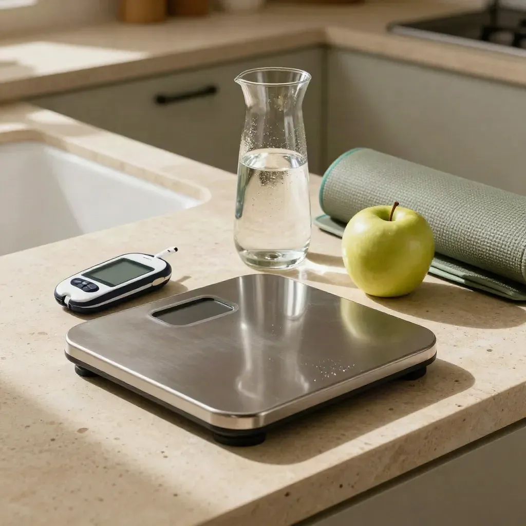 Balance, glucomètre, carafe d’eau, pomme et tapis de sport dans une cuisine calme.