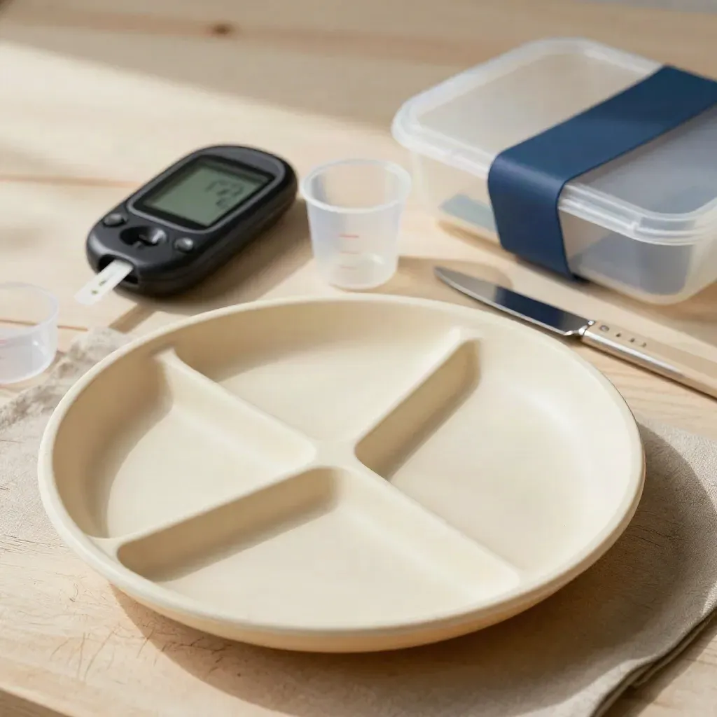Plate modèle, gobelets doseurs, lecteur glycémique et boîte repas sur bois clair.