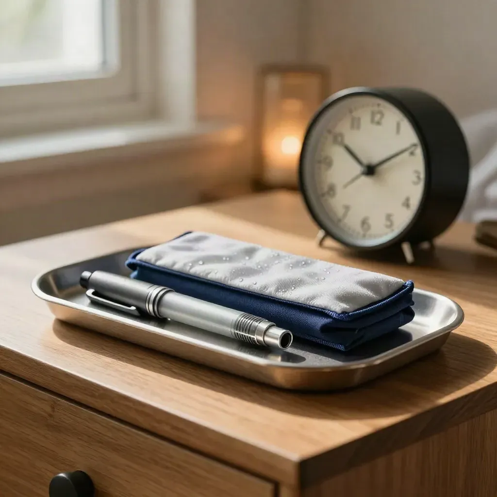 Plateau d’insuline au chevet avec deux stylos, poche froide et horloge, lumière douce du soir.