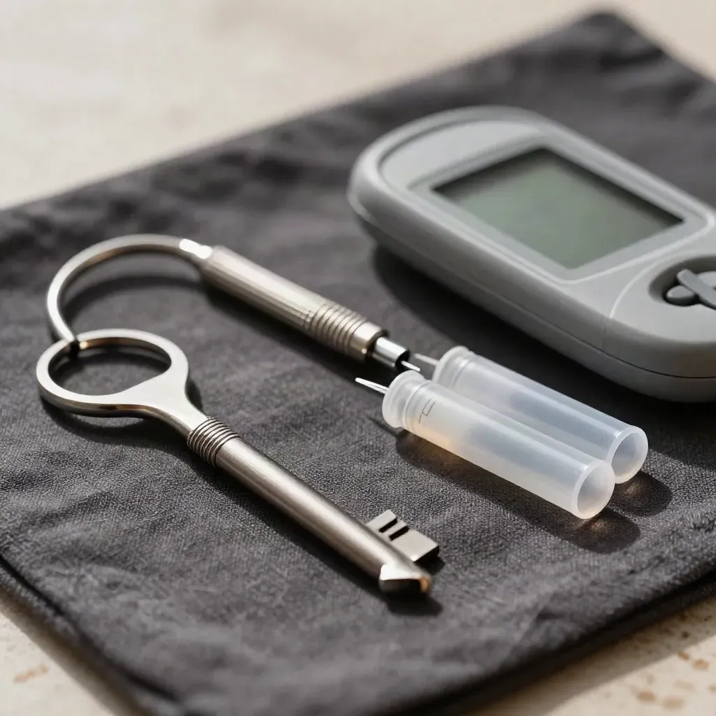 Gros plan des outils du diabétologue sur lin sombre, avec lecteur glycémique, tubes HbA1c et diapason.