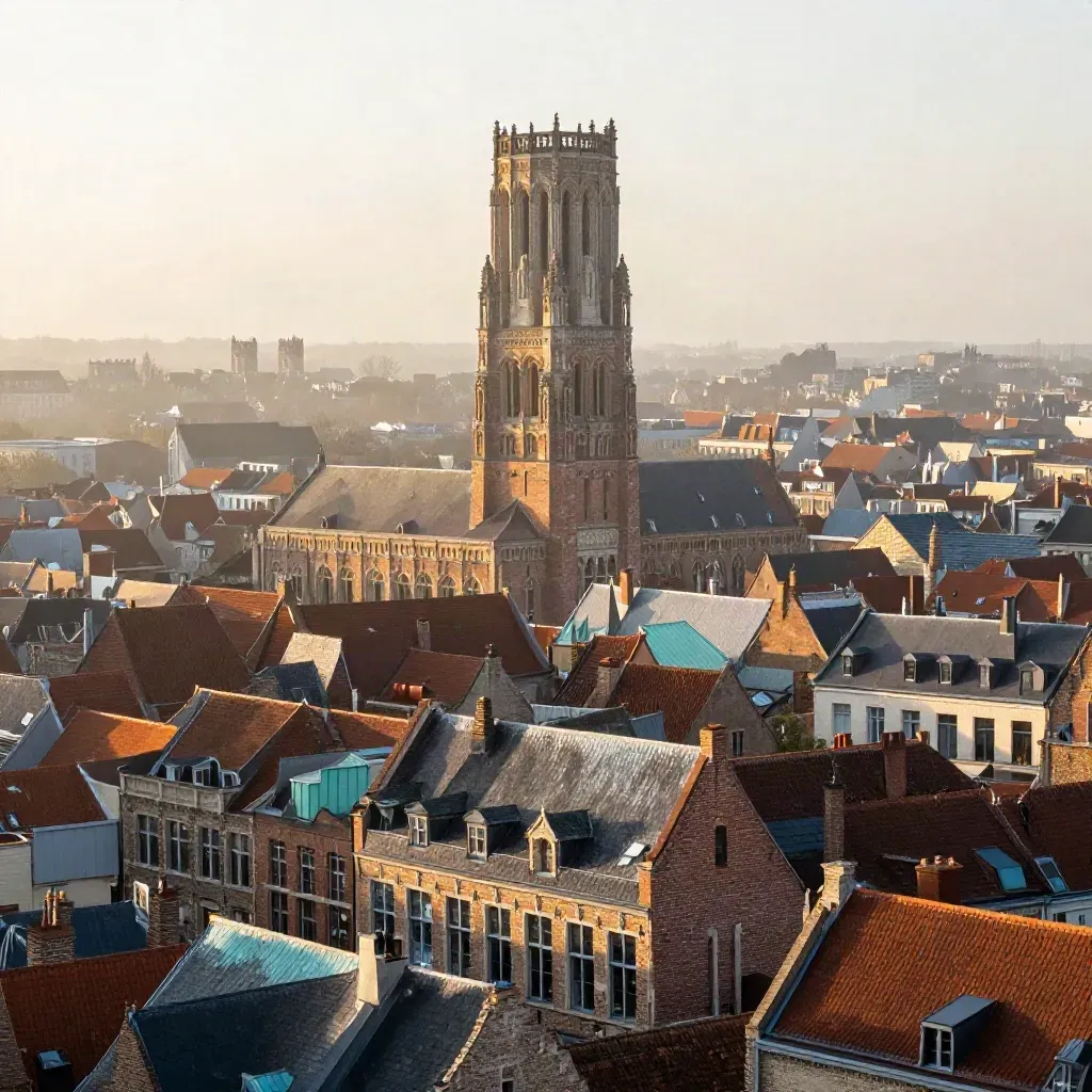 Vue aérienne de Lille au coucher doré, beffroi et toits flamands dans la brume.